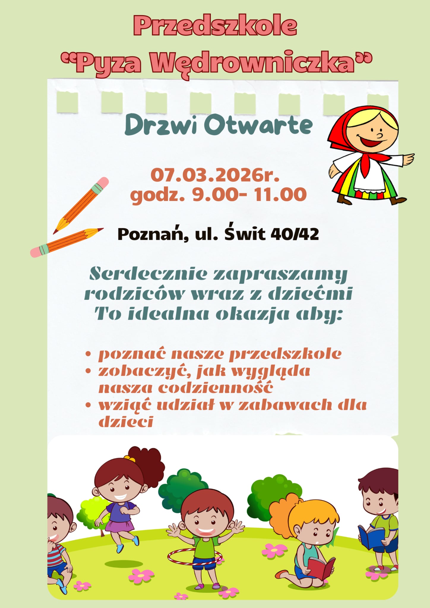 Plakat informacyjny o dniach otwartych w Przedszkolu Publicznym Pyza Wędrowniczka